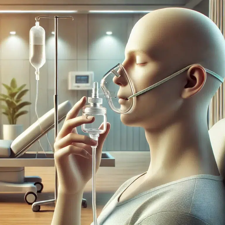 showing a person using a nasal cannula for oxygen therapy, emphasizing a calm environment.