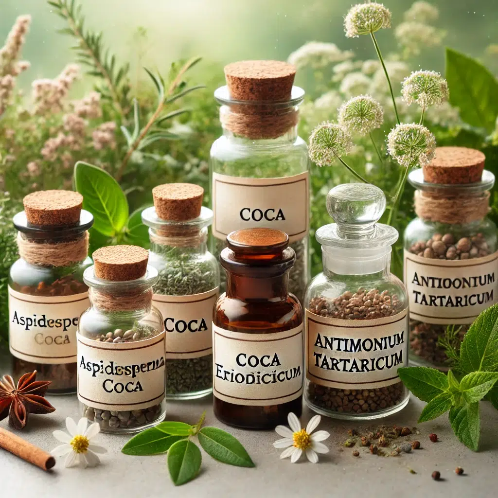 Exploring Homeopathic Approaches to Hypoxemia: A Guide to Understanding and Managing Low Blood Oxygen 5 A detailed image of natural herbs and homeopathic remedies displayed in a calm, clean setting. The scene includes small labeled glass bottles
