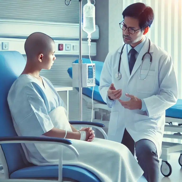 compassionate scene of a doctor treating a leukemia patient in a hospital setting, focusing on the doctor attentively talking to the patient seated