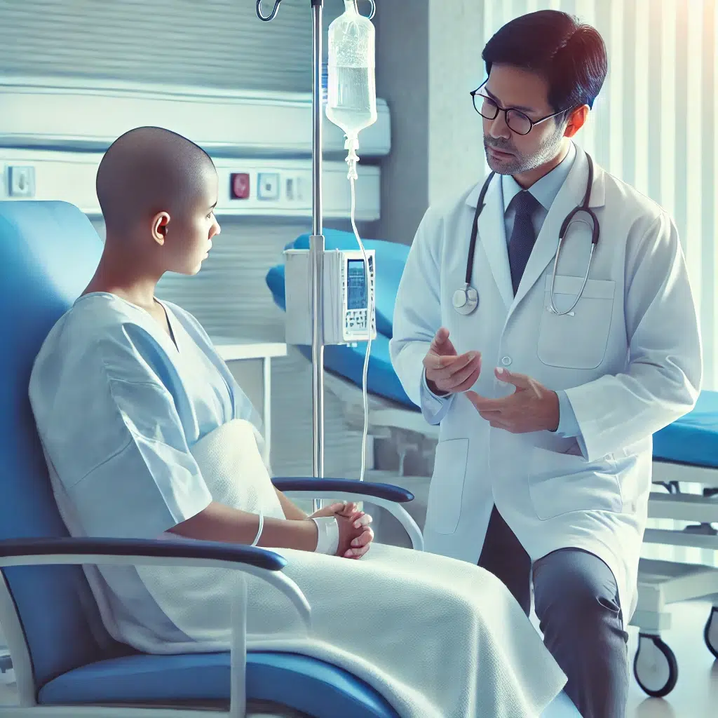 compassionate scene of a doctor treating a leukemia patient in a hospital setting, focusing on the doctor attentively talking to the patient seated
